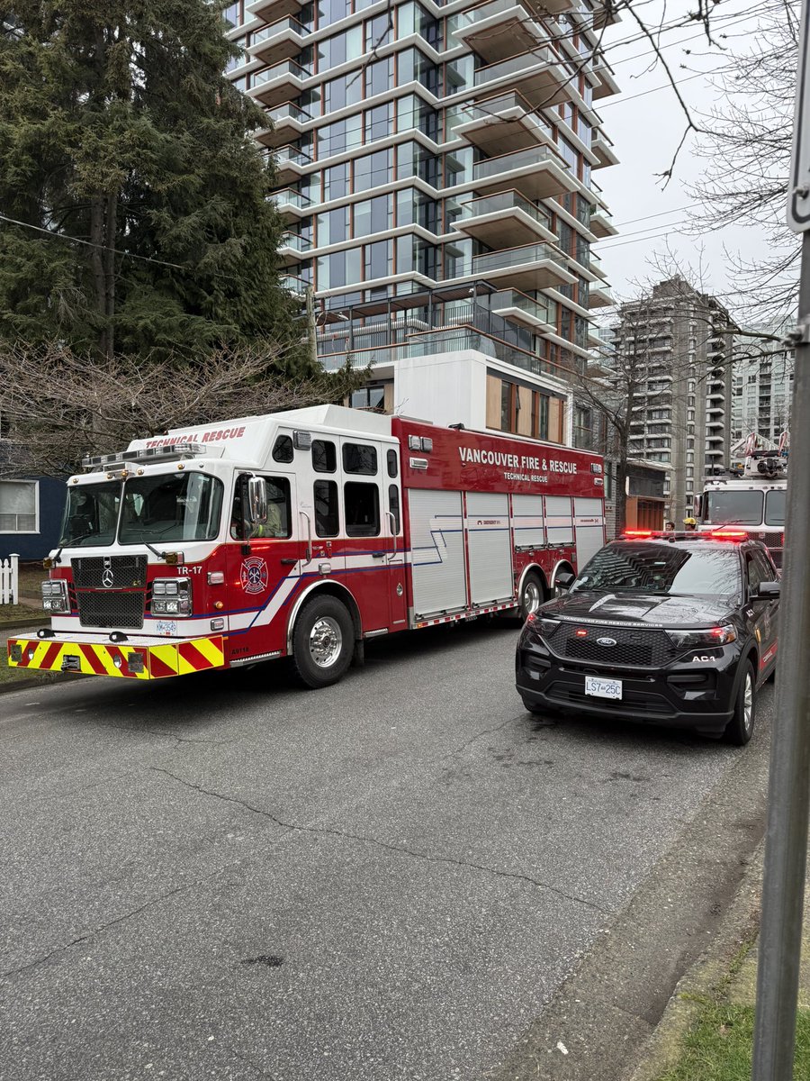 VFRS technical rescue team on scene at Broughton and Haro for a worker who fell into a vault. Crews extricating patient with minor injuries.