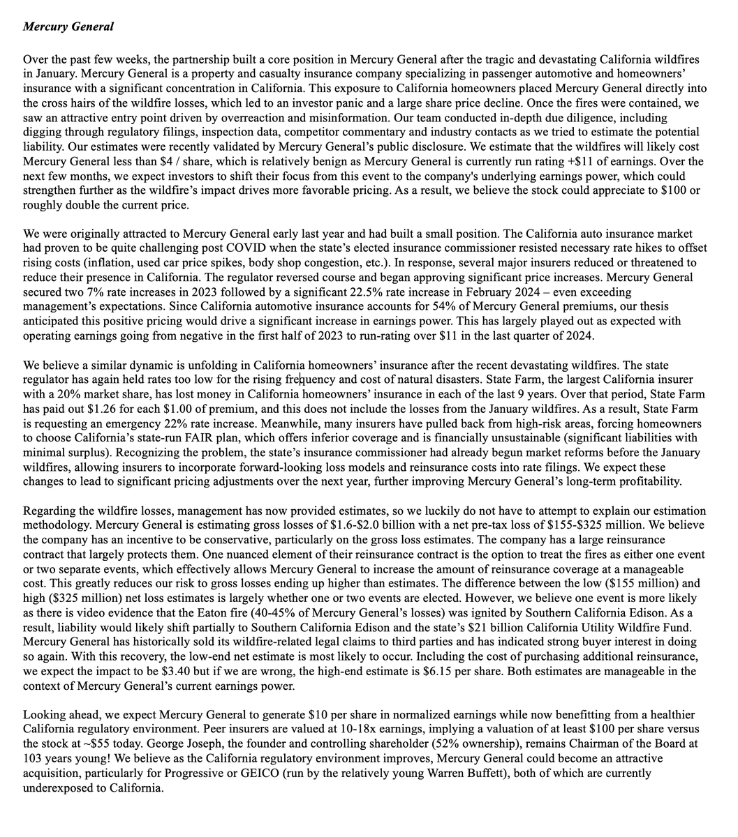 FifthHillCap's tweet photo. Last Tuesday (Feb 18), we featured $MCY (Mercury General) in our letter to investors. Due to the tragic fires in Los Angeles, $MCY's stock price is down considerably YTD. We believe this sell-off presents a unique buying opportunity, as the company's liability from the fires may not be as severe as some investors initially anticipated.

We believe $MCY can double and also believe this is an opportune time to accumulate the stock. Please see the image below for our write-up on the company.

Feel free to reach out if you would like to discuss further.  info@fifthhillcap.com #Stocks #Today #stocklive #stockmarket #money #Trading