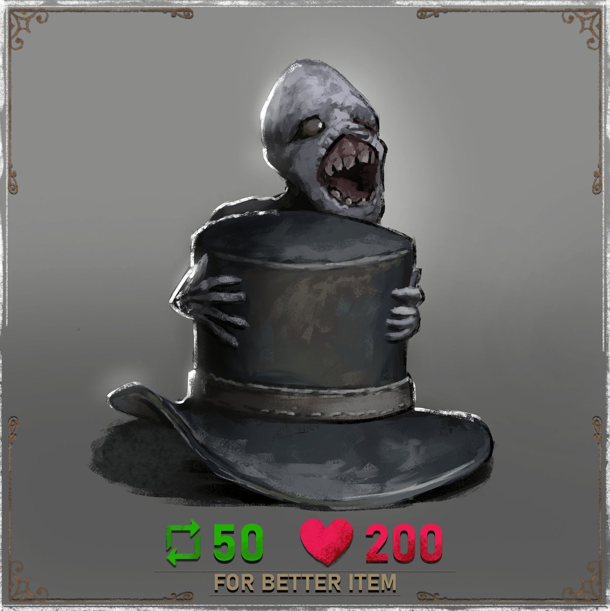 ReneKovacArt's tweet image. This lil guy likes the top hat🎩
#Bloodborne 
Reach enough likes &amp;amp; reposts to give him an even better item!✨