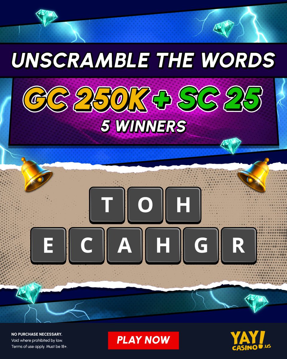 yaycasinous's tweet photo. Unscramble The Words to WIN BIG! 🔥 

🏆 Bonus Pool: 250K GC + 25 SC among 5 winners 

Drop your comments for a chance to win! 🧩 

Ends Feb 28th at 12:59 PM EST 

#socialcasino #gaming https://t.co/9PZI1swC3M