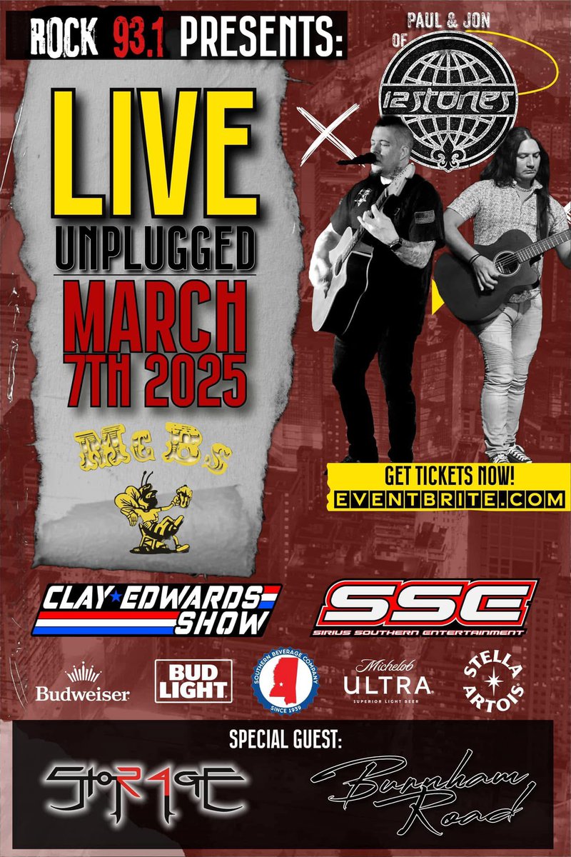 12 Stones’ next acoustic show is next Friday, March 7th in Ridgeland, MS at Mc B’s bar and grill. 

Buy tix here 

eventbrite.com/e/12-stones-un…