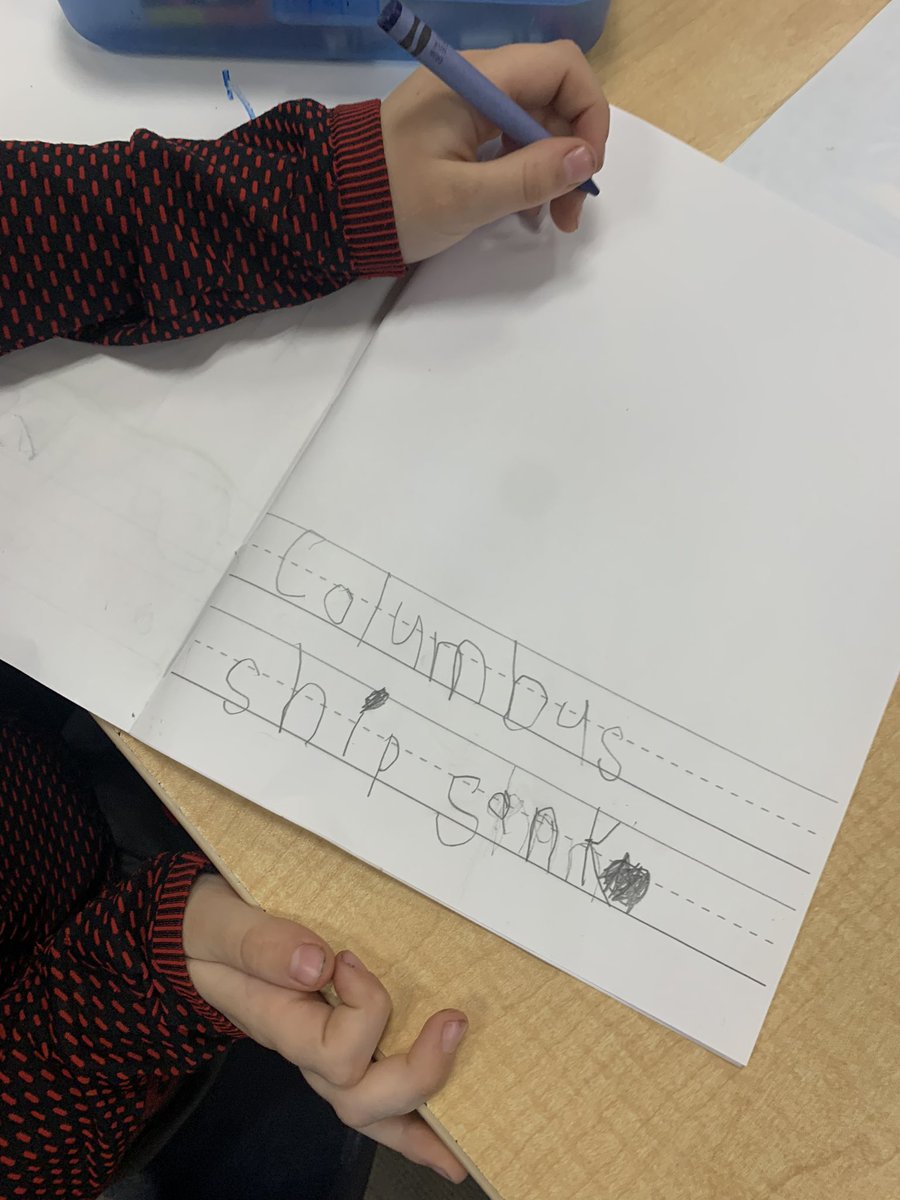 Kindergarten writers are sharing their new knowledge about Columbus. ✏️