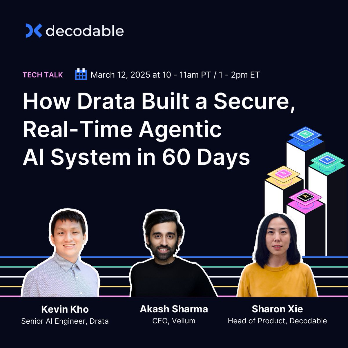 How does <a href="/DrataHQ/">Drata</a> process millions of events per day across thousands of isolated vector databases? By leveraging Decodable for real-time data ingestion and @Vellum_AI to rapidly experiment and validate AI features. Join our tech talk to learn more 👉 dcdbl.co/43gfMyc