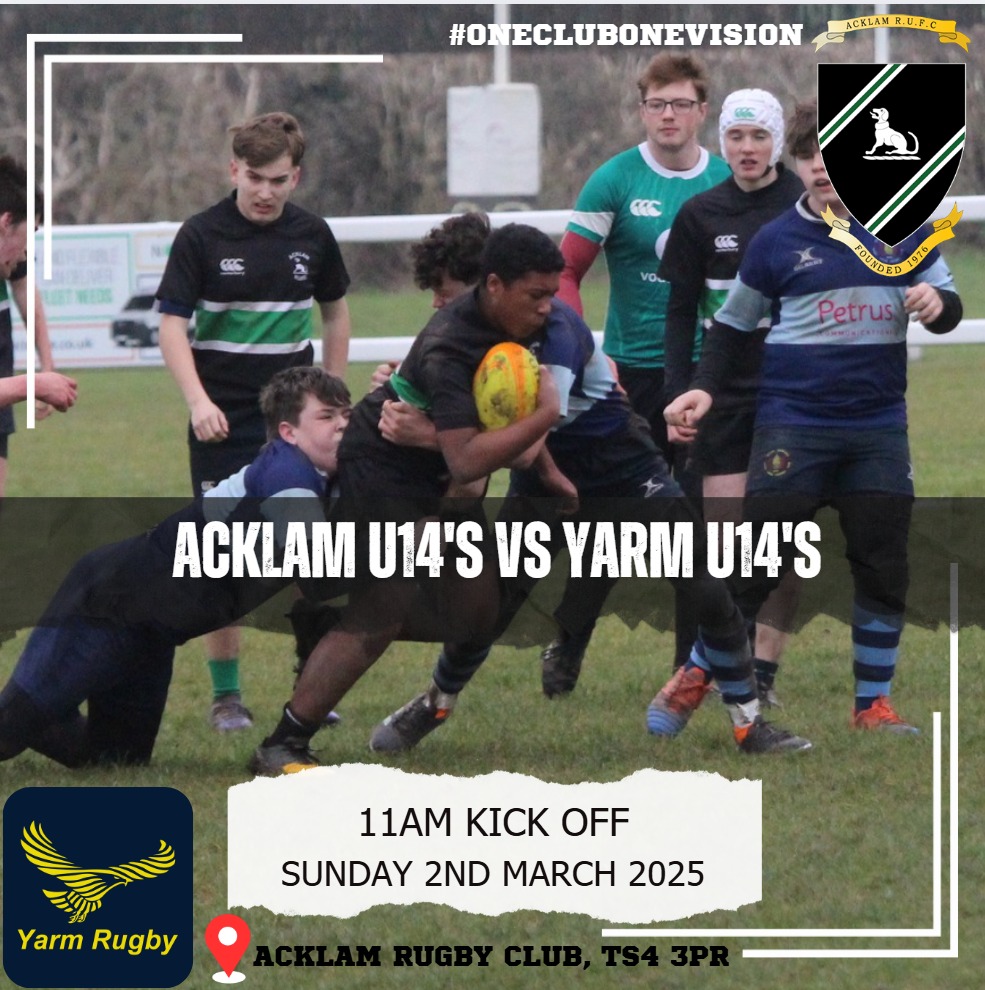 🏉 MATCHDAY ALERT! 🏉

🔥 Acklam U14’s 🆚 Yarm U14’s 🔥

📅 Sunday, 2nd March 2025
⏰ Kick-off: 11 AM
📍 Acklam Rugby Club, TS4 3PR

Be there, be loud, and back the boys! 🏉💥