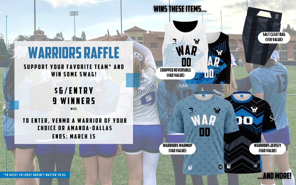 Want one of our new <a href="/breakmarkulti/">Breakmark</a>  
jerseys? Envious of our <a href="/SaltAthletic/">Salt Athletic</a> bags? Win one in our raffle!

HOW TO ENTER
1️⃣ Send $6/entry via Venmo to a member of the Warriors by March 15
2️⃣ Your name goes on the raffle list
3️⃣ Winners announced on our Instagram on March 16