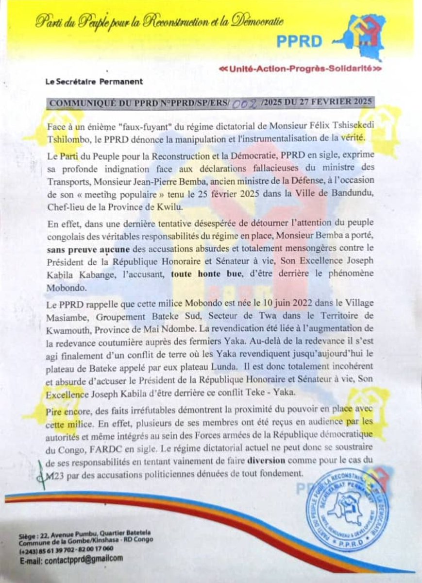 SimaroNgongoMba's tweet image. #COMMUNIQUE DU #PPRD N°PPRD/SP/ERS/2025 DU 27 FEVRIER 2025.

Face à un énième &quot;faux-fuyant&quot; du #régime dictatorial de Monsieur Félix #Tshisekedi Tshilombo, le PPRD dénonce la manipulation et l&apos;instrumentalisation de la vérité.

Le Parti du Peuple pour la Reconstruction et la…