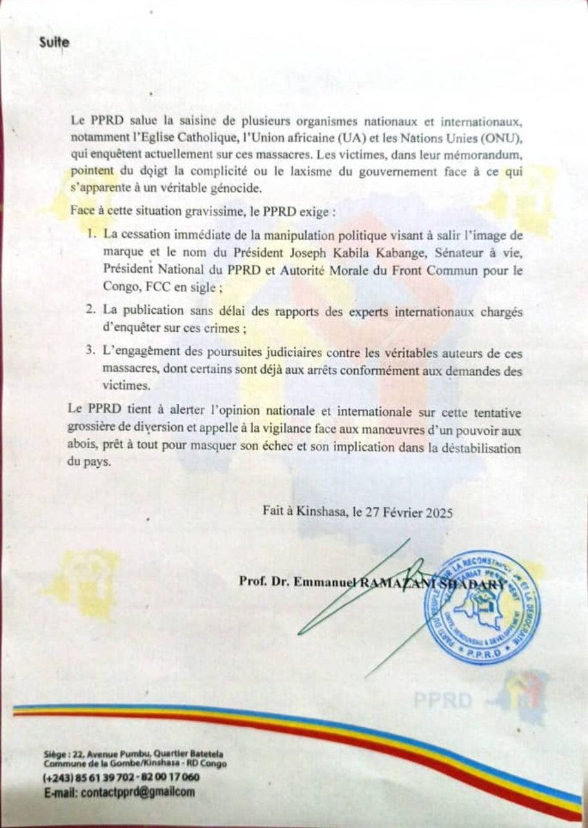 SimaroNgongoMba's tweet image. #COMMUNIQUE DU #PPRD N°PPRD/SP/ERS/2025 DU 27 FEVRIER 2025.

Face à un énième &quot;faux-fuyant&quot; du #régime dictatorial de Monsieur Félix #Tshisekedi Tshilombo, le PPRD dénonce la manipulation et l&apos;instrumentalisation de la vérité.

Le Parti du Peuple pour la Reconstruction et la…