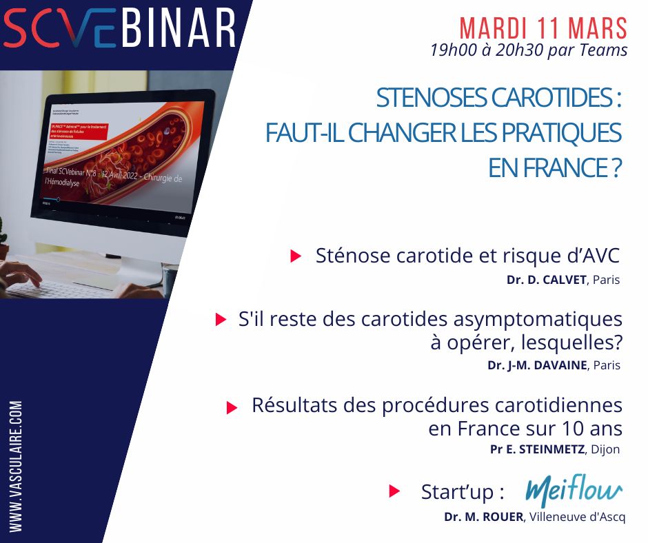 SCVE_fr's tweet image. J-12 ! SCVEbinar#3 : Sténoses carotides : faut-il changer les pratiques en France ?
Mardi 11 mars de 19h00 à 20h30 via Teams.
Lien de connexion : teams.microsoft.com/l/meetup-join/…