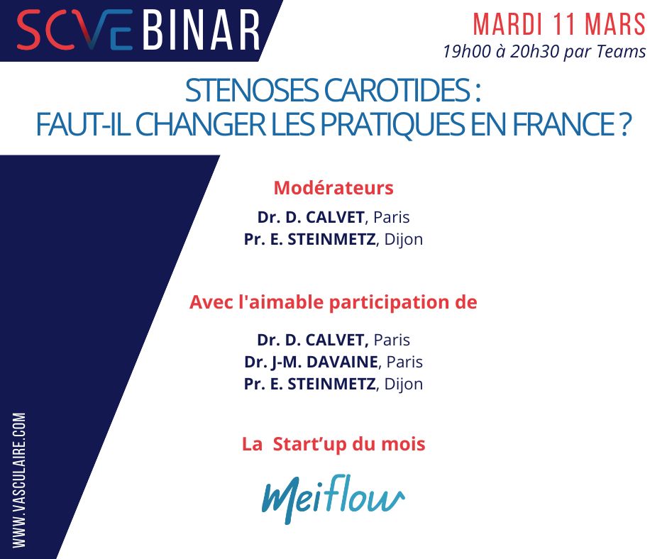 SCVE_fr's tweet image. J-12 ! SCVEbinar#3 : Sténoses carotides : faut-il changer les pratiques en France ?
Mardi 11 mars de 19h00 à 20h30 via Teams.
Lien de connexion : teams.microsoft.com/l/meetup-join/…