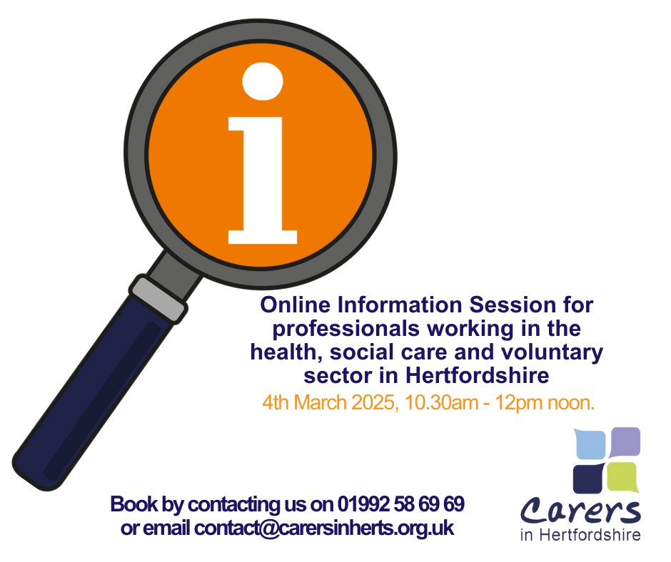 Carers in Herts (@carersinherts) on Twitter photo Health & social care professionals & volunteers in Herts may find our <a href="/CarersinHerts/">Carers in Herts</a> online information event useful in helping you to identify & support unpaid family & friend carers. Tues 4th March, 10.30am-12pm. Learn more or sign up at ow.ly/q0AJ50V7Ooi or contact us. Health & social care professionals & volunteers in Herts may find our <a href="/CarersinHerts/">Carers in Herts</a> online information event useful in helping you to identify & support unpaid family & friend carers. Tues 4th March, 10.30am-12pm. Learn more or sign up at ow.ly/q0AJ50V7Ooi or contact us.