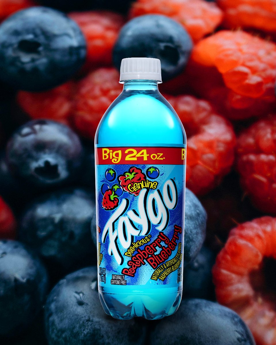 Faygo's tweet image. Blueberries and raspberries don’t look alike, taste alike, or even think alike—yet somehow, they belong together. #Blueberry #Raspberry #FlavorDuo #TheOneTruePop #Faygo