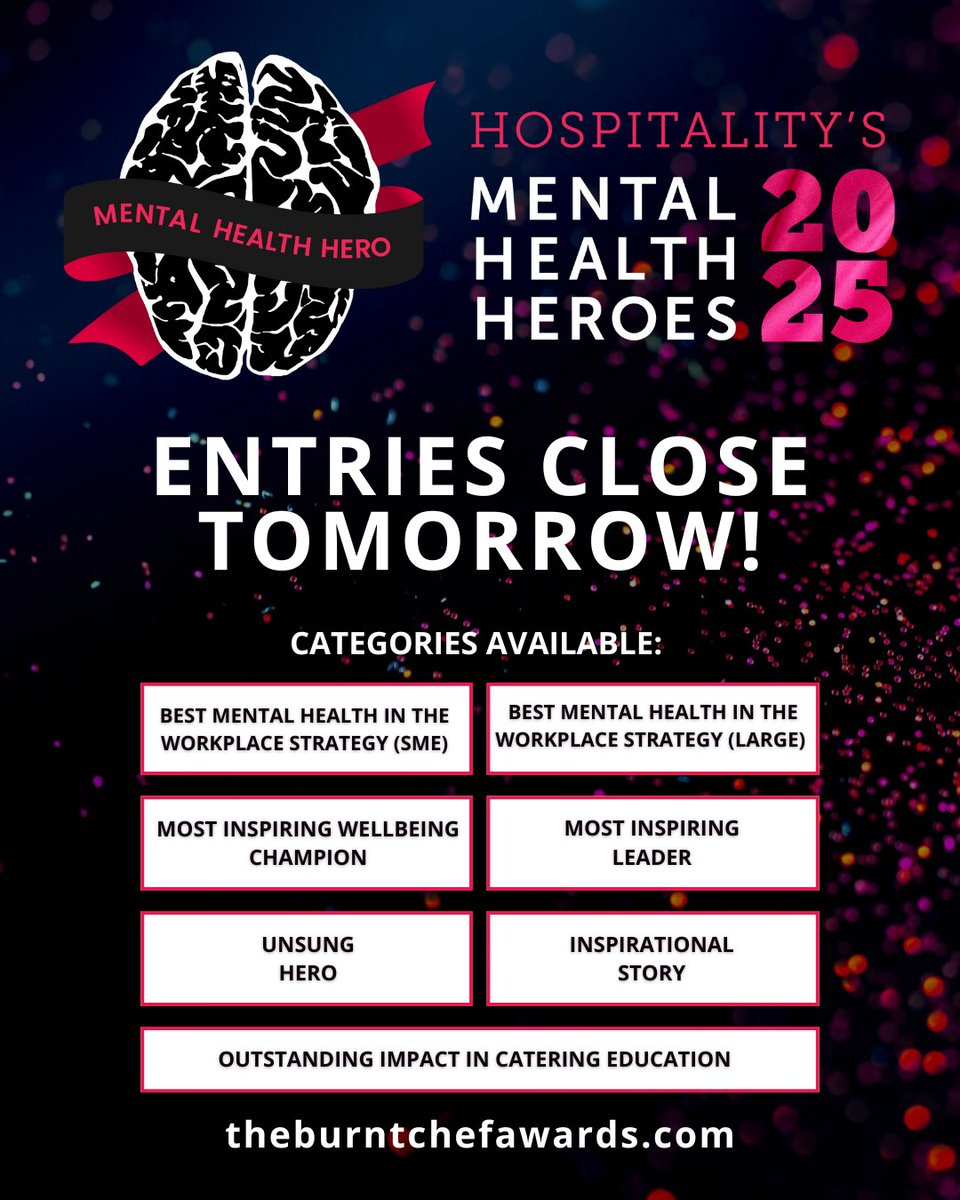 FINAL CALL! 

Entries for Hospitality’s Mental Health Heroes 2025 close TOMORROW! 

Know someone making a real difference in mental health within the hospitality industry? Or are YOU that person? 👏 Entries are FREE and open worldwide! 🌍

Enter now: theburntchefawards.com