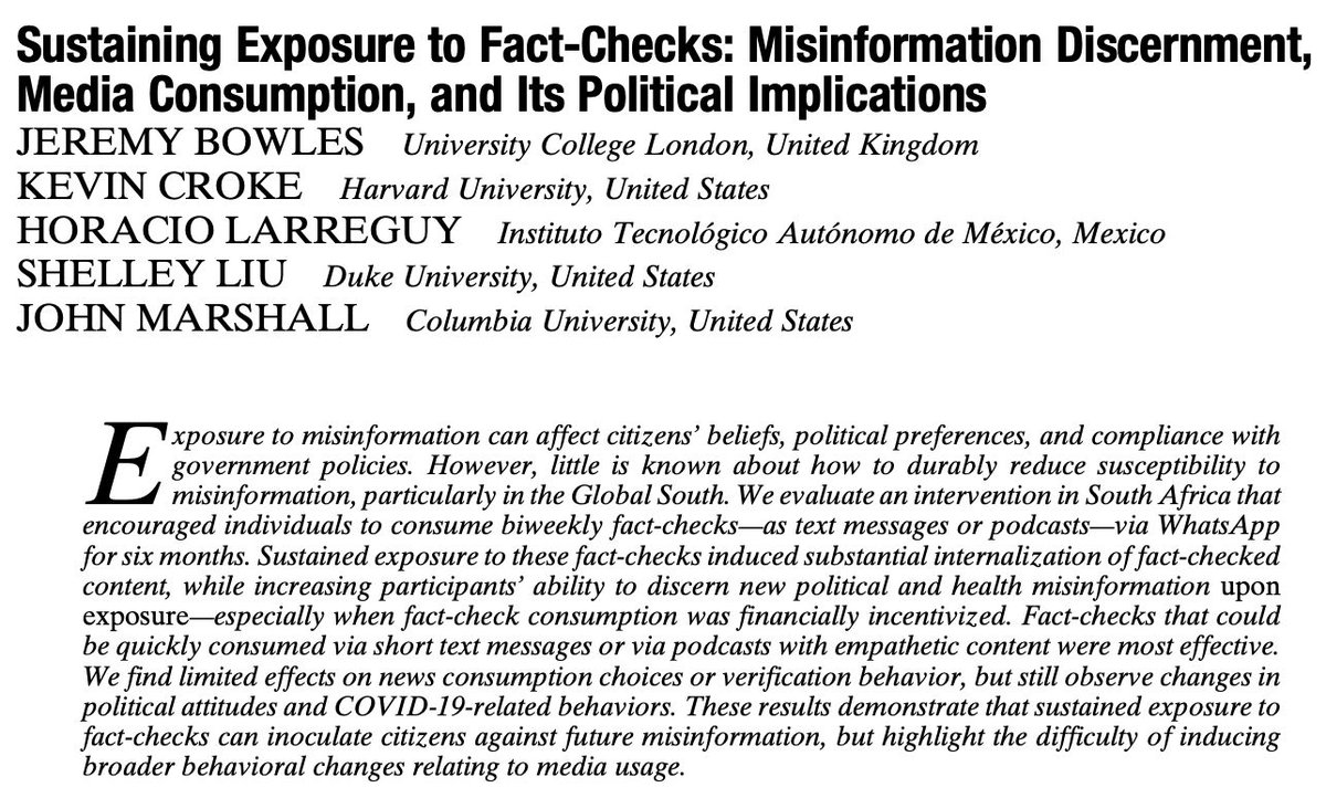 American Political Science Review (@apsrjournal) on Twitter photo Just published on APSR First View: "Sustaining Exposure to Fact-Checks: Misinformation Discernment, Media Consumption, and Its Political Implications" by <a href="/jeremy_bowles/">Jeremy Bowles</a>, <a href="/kjcroke1/">Kevin Croke</a>, <a href="/HLarreguy/">Horacio Larreguy</a>, <a href="/shelley_x_liu/">Shelley Liu</a>, and <a href="/JohnMarshall_PS/">John Marshall</a>. cambridge.org/core/journals/β¦ Just published on APSR First View: "Sustaining Exposure to Fact-Checks: Misinformation Discernment, Media Consumption, and Its Political Implications" by <a href="/jeremy_bowles/">Jeremy Bowles</a>, <a href="/kjcroke1/">Kevin Croke</a>, <a href="/HLarreguy/">Horacio Larreguy</a>, <a href="/shelley_x_liu/">Shelley Liu</a>, and <a href="/JohnMarshall_PS/">John Marshall</a>. cambridge.org/core/journals/β¦