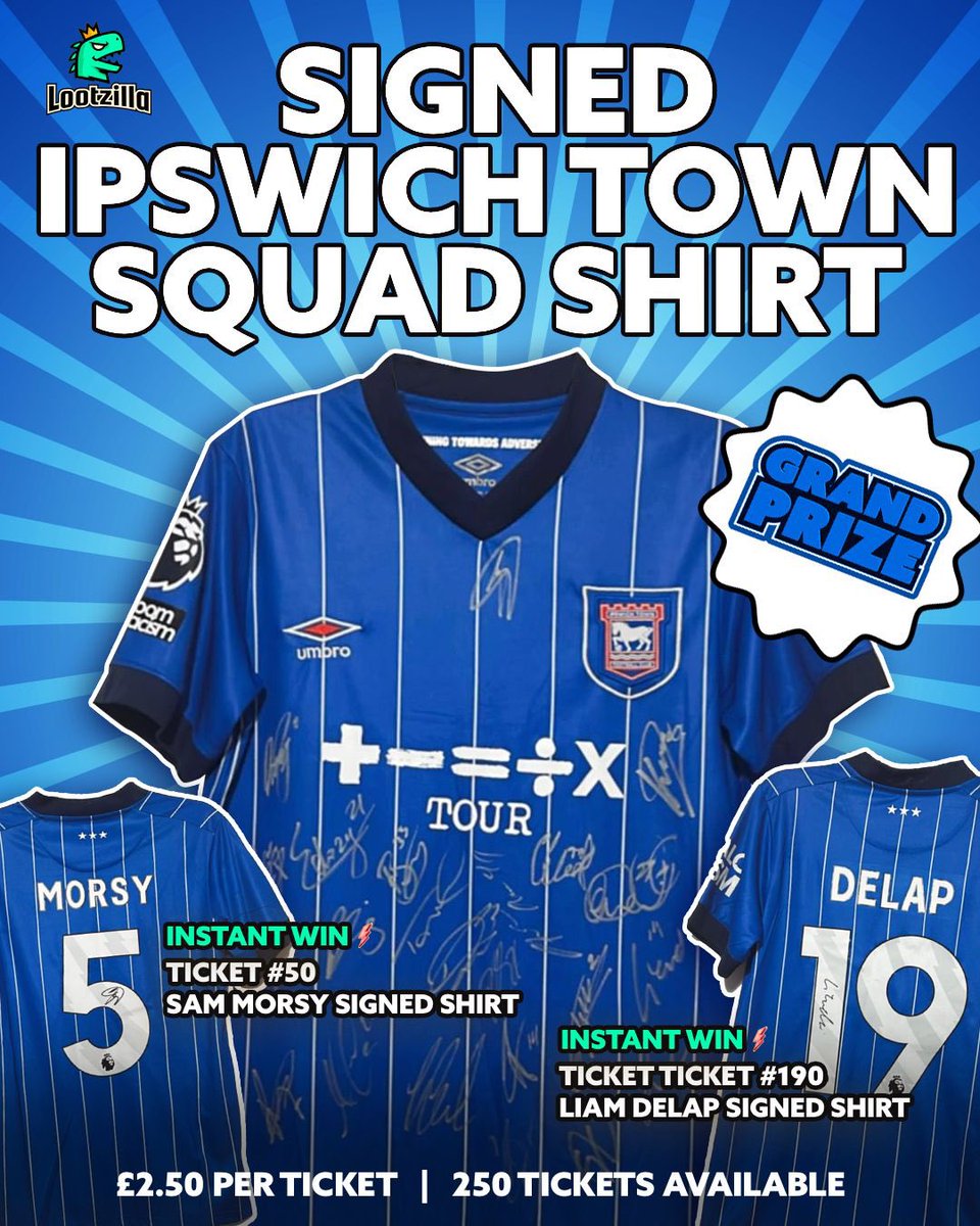 LootzillaDraws's tweet image. 🔵⚪️ IPSWICH TOWN FANS 🔵⚪️

We’ve only sold a handful of tickets for this comp in the last few days but ticket #50 is still out there with less than 80 tickets remaining now 
Some fantastic odds right there 

The main prize is for This amazing squad signed shirt 
#ITFC #itfc