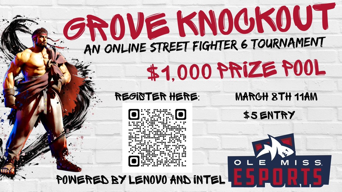 Just over a week left to register for our online Street Fighter 6 tournament! $1,000 prize pool from our sponsors at Lenovo and Intel split between top 8.  Registration link and tournament Discord below.
<a href="/olemissesports/">Ole Miss Esports</a> <a href="/HLX_GG/">HLX</a> #Sf6