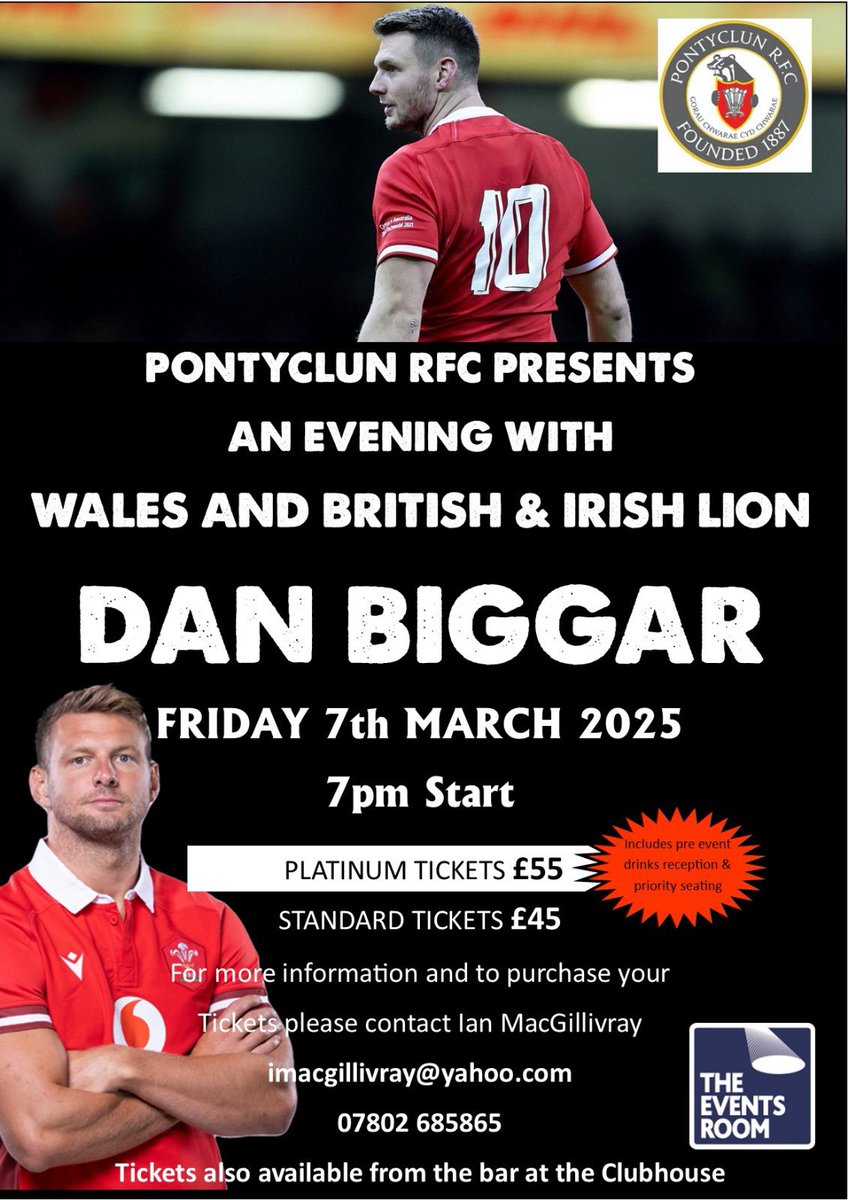 MGall8's tweet image. Looking forward to hosting Dan Biggar at @PontyclunRFC next Friday. Only a few remaining tickets for what will be a superb event on eve of Scotland v Wales