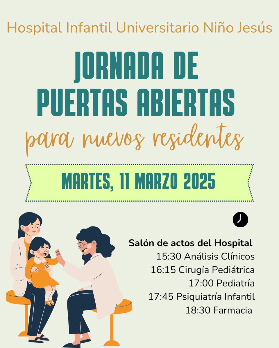 daandina's tweet photo. ‼️ El próximo martes 11 de marzo celebramos la Jornada de Puertas Abiertas para los nuevos residentes MIR de Pediatría, Cirugía Pediátrica, Análisis Clínicos y Psiquiatría Infantil así como residentes de Farmacia en el Hospital Infantil Universitario Niño Jesús.

🫶¡Te esperamos! https://t.co/lqIGXoaT1K