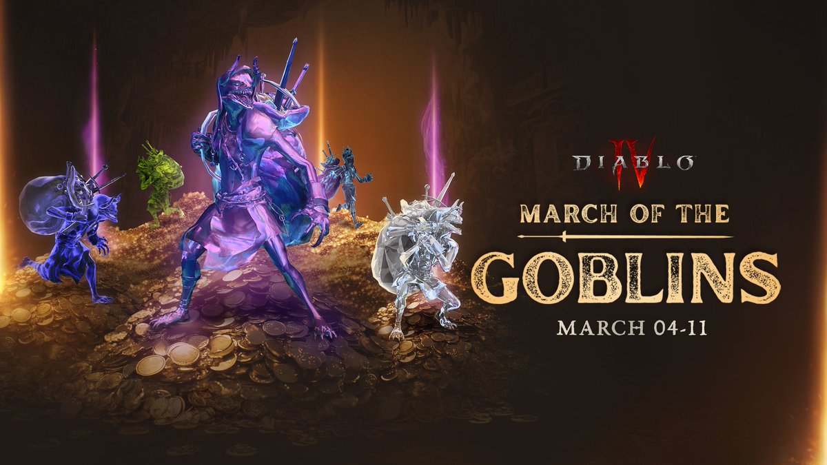 The goblin hordes return. And they're bringing friends 💰

When March of the Goblins arrives on March 4th, 6 new Treasure Goblin variants will be permanently making their home in #DiabloIV. 

More details here: blizz.ly/3ESmK20