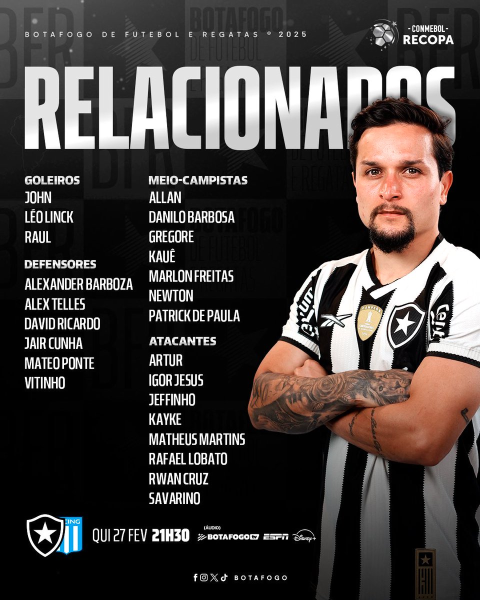 Botafogo's tweet photo. RELACIONADOS! 🔥📋

Confira os atletas do Glorioso disponíveis para a decisão da CONMEBOL Recopa! #VamosBOTAFOGO https://t.co/ltw4qPHZJm