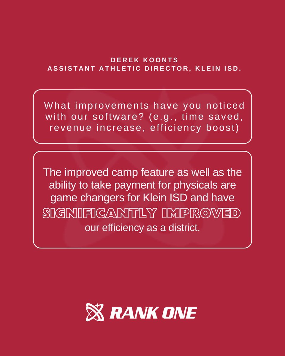 rank1sport's tweet image. Derek Koonts, Assistant Athletic Director at @KleinISD, shares how #RankOnePro is a game changer for efficiency!

“The improved camp feature and ability to take payments for physicals have significantly streamlined our district operations, saving time and simplifying processes.”