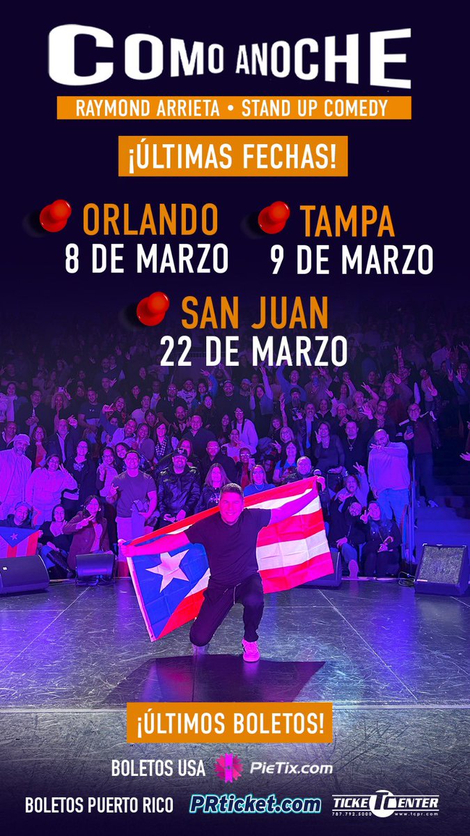 Ultimas Funciones de mi stand up 🎤 Como Anoche Orlando 8 de Marzo - Tampa 9 de Marzo - San Juan 22 de Marzo . Últimos boletos 🎟️ <a href="/pie_tix/">PieTix</a>  <a href="/ticketcenterpr/">Ticket Center</a> <a href="/prticket/">PRTicket</a>
