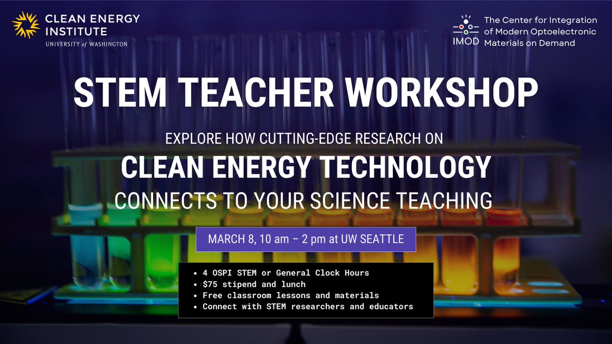 Secondary STEM educators: Join our March 8 workshop with <a href="/IMOD_STC/">IMOD STC</a> at UW Seattle to connect Next-Gen Science Standards to cutting-edge clean energy research! ☀️🔋🧑‍🔬
Sign up by March 1 — details + registration form below