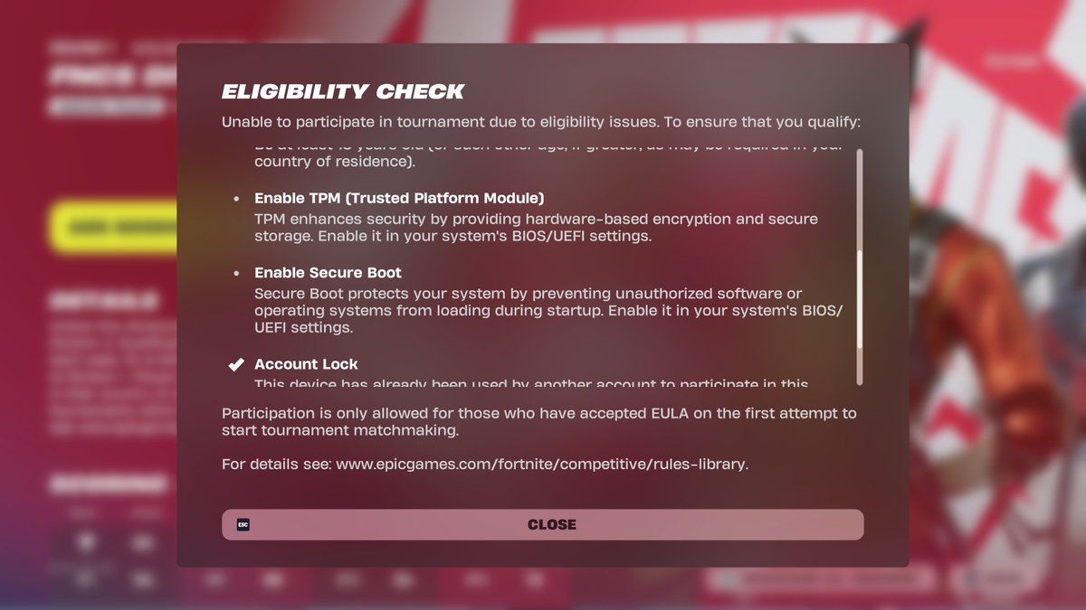 ❗️New PC requirements for tournaments: enable TPM &amp; Secure Boot! 

🔐 TPM protects your system 💻, while Secure Boot stops malware/cheats at startup 🚫. Enable this right now!
TPM: youtube.com/watch?v=p83oY2…
Secure Boot: youtube.com/watch?v=Hxga_5…

#Fortnite #TPM #SecureBoot