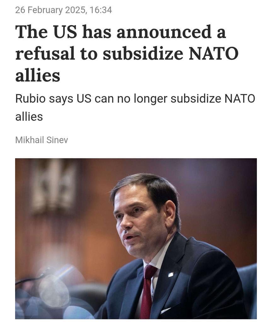 美国转身，世界巨变。

重磅消息：继昨天川普总统把欧盟定性为“目的就是搞垮美国”的组织后，国务卿卢比奥宣布美国不再对北约进行支助。

川普和卢比奥的言论，预示着第二次世界大战后的世界格局将发生巨变。

美国不再对北约提供资助，就意味着从欧洲撤军将提上议事日程。