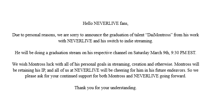 NEVERLIVENET's tweet image. [Notice of Graduation]  

Talent @DaiMonTross  will be graduating from activities under NEVERLIVE on March 9th. We hope you understand.   

Thank you.
