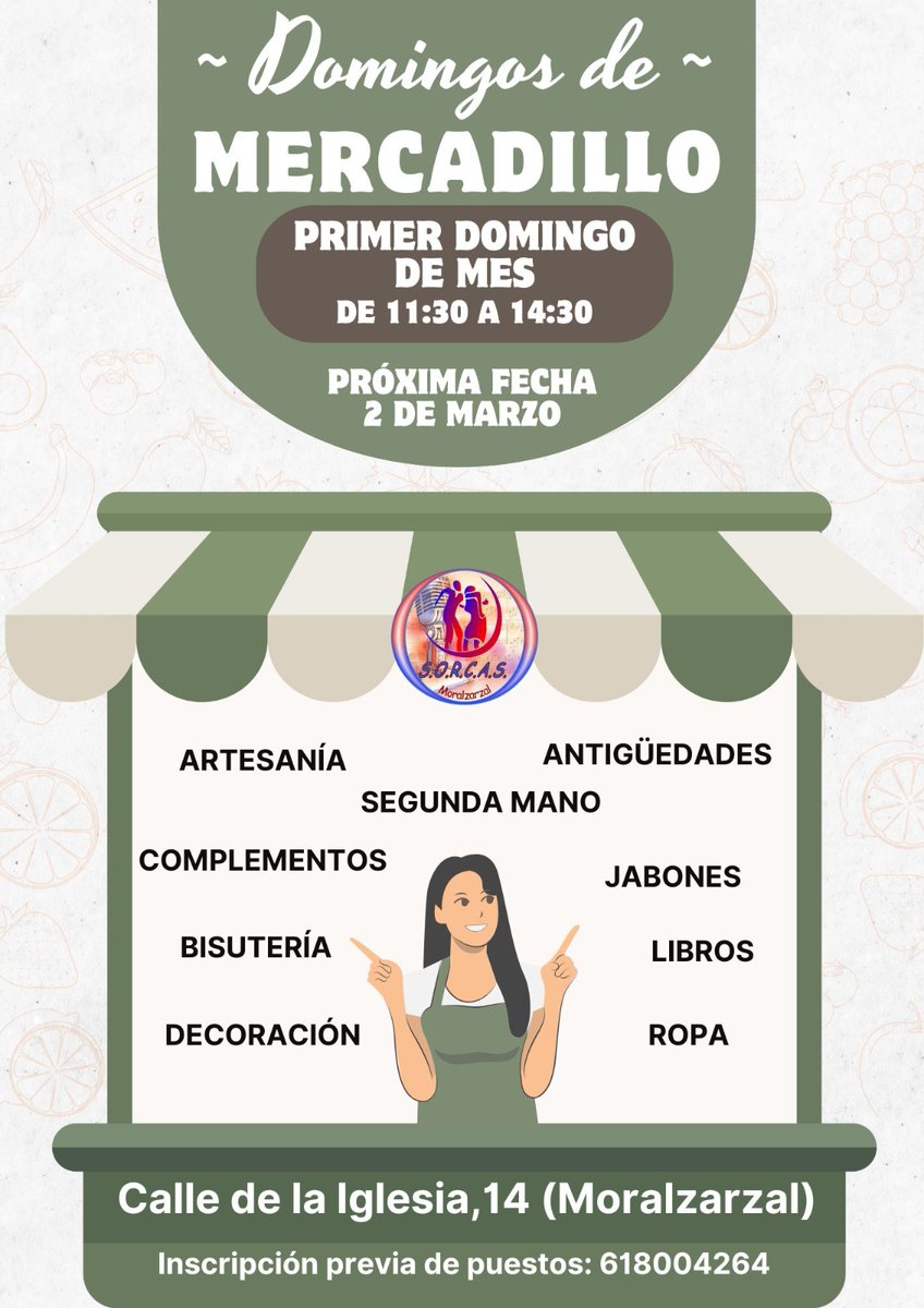 Esta semana MERCADILLO en SORCAS 

📅Domingo 2 marzo
⏰ Por la mañana, de 11.30 a 14.30

Vente al rastrillo con puestos con cosas de segunda mano , artesanía , productos de degustación,  etc. Y, de paso, tómate el aperitivo 🍻 en nuestro ambigú...

Aquí, en #Moralzarzal