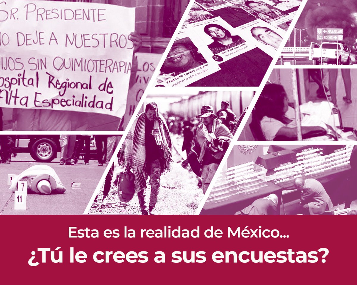 La realidad de México: sin medicinas y materiales en los hospitales; tómbolas para no tener justicia; familias huyendo de la inseguridad y sin certeza del futuro; madres y padres buscando a sus hijos. 
La desesperanza es el resultado de Morena. Tú ¿les crees sus mentiras?