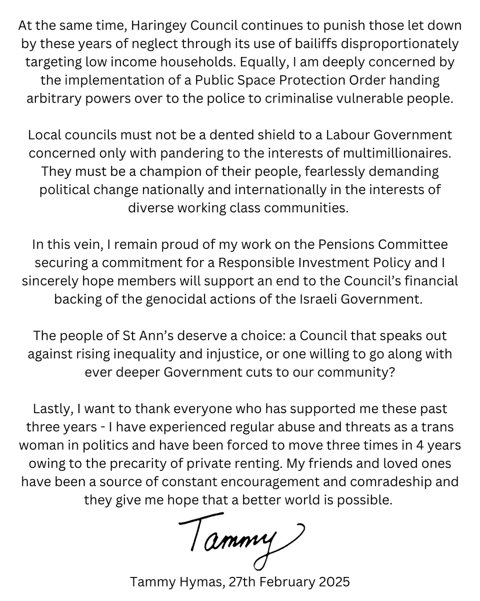 It is with a heavy heart that I am today resigning as a Councillor in Haringey. 

Please see my statement below. 

The fight for a better world continues!