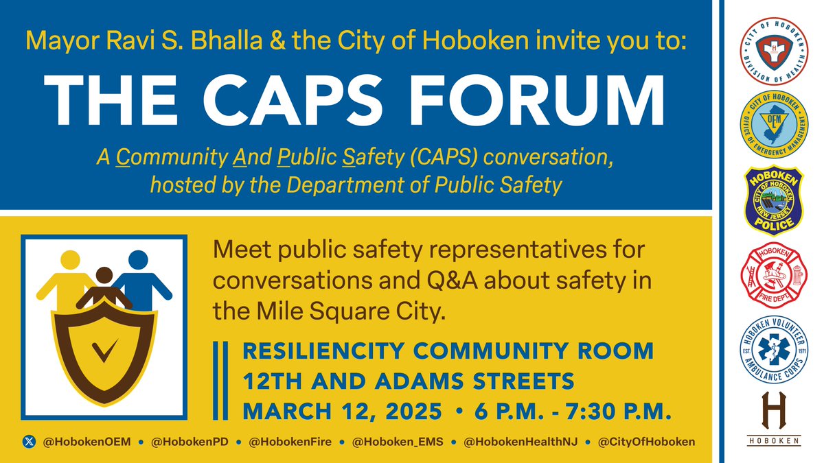 Hoboken OEM (@hobokenoem) on Twitter photo 🗓️SAVE THE DATE! 
The next CAPS Forum is scheduled for Wed. 3/12 at 6 p.m. at the ResilienCity Park Community Room.
Reps from all Public Safety divisions (OEM, Police, Fire, EMS, & Health) will be on hand to talk with residents & answer questions.
🔗MORE: agency.nixle.com/pub/11419543/ 🗓️SAVE THE DATE! 
The next CAPS Forum is scheduled for Wed. 3/12 at 6 p.m. at the ResilienCity Park Community Room.
Reps from all Public Safety divisions (OEM, Police, Fire, EMS, & Health) will be on hand to talk with residents & answer questions.
🔗MORE: agency.nixle.com/pub/11419543/