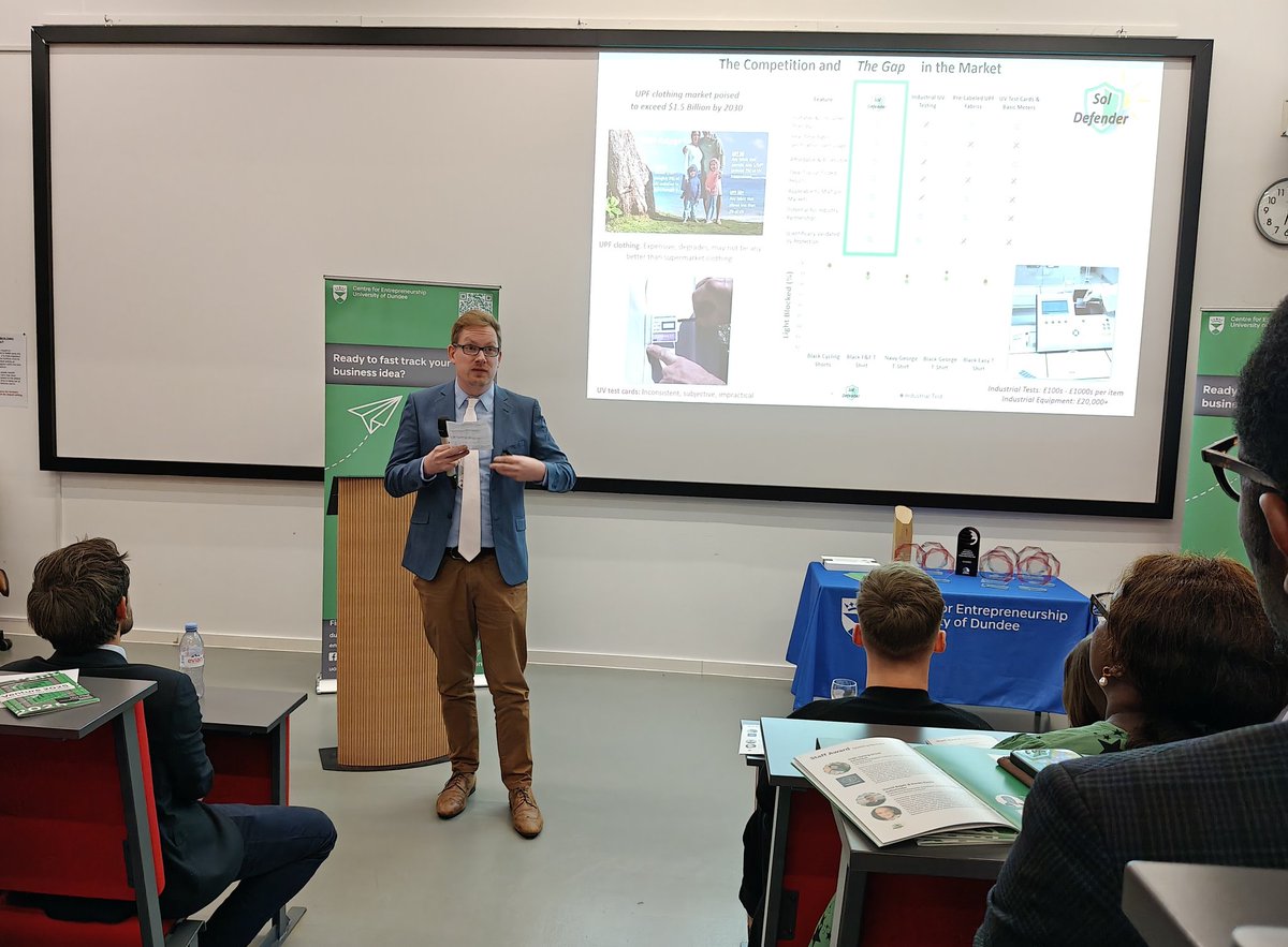 David Bajek, with SolDefender - The SolDefender Scanner is a portable device that measures fabric UV-blocking capability in real-time, empowering everyone to make informed clothing choices.

#UoDEntWeek25 #VentureFinal25