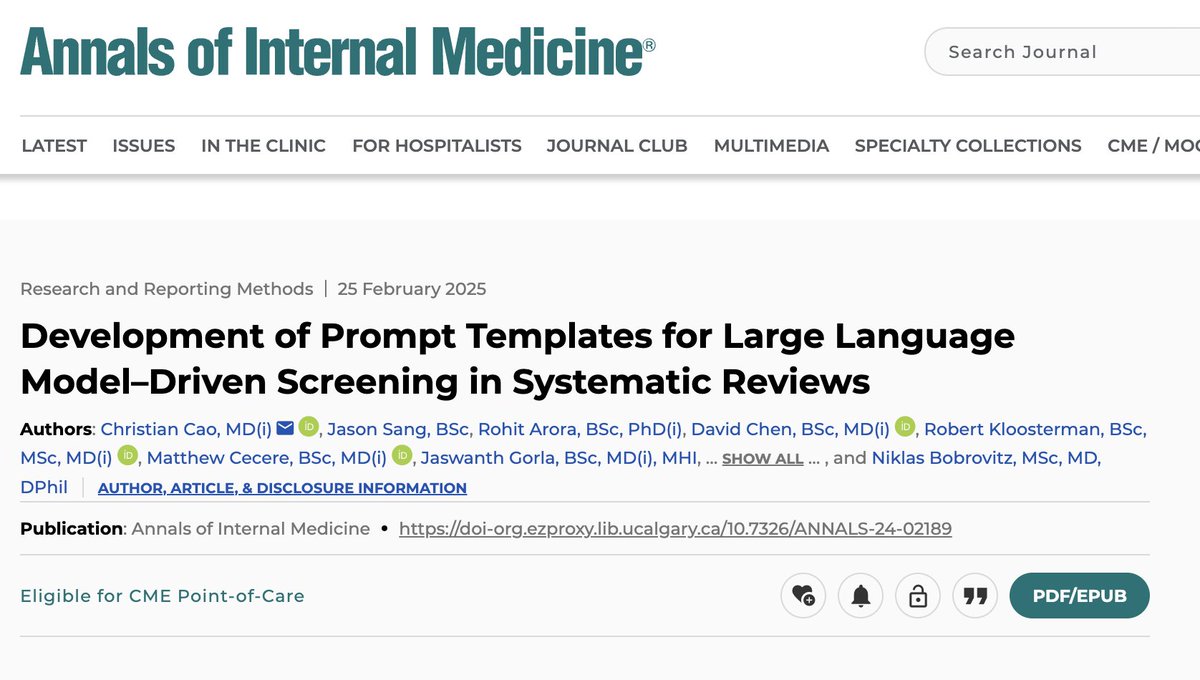 nikbobrovitz's tweet image. We created &amp;amp; validated text prompts for LLM screening in systematic reviews. High performing. Could filter out 65-95% prior to human review or replace 1 human. Reduces cost. @ChristianCao11= superstar @UofT @UCalgary @ucalgarychi @cochranecollab #LLM #AI acpjournals.org/doi/10.7326/AN…