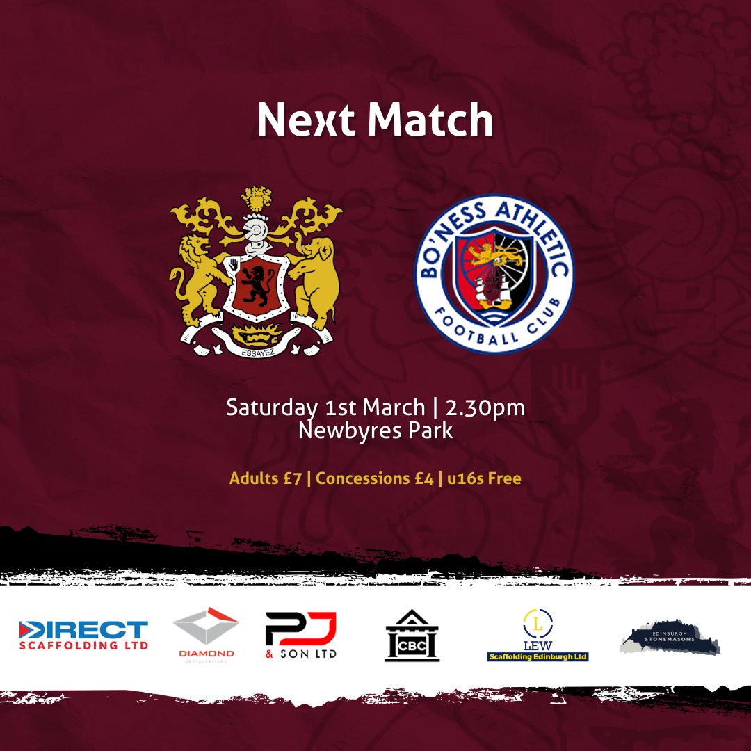 ⚽️ <a href="/BonessAthletic/">Bo’ness Athletic FC</a>
🏟️ Newbyres Park
📅 Saturday 1st
🕰️ Kick off 2.30pm
🎟️ Adults £7, Concessions £4, U16s go free
🥧 Pie hut open 
💰Card &amp; Cash accepted