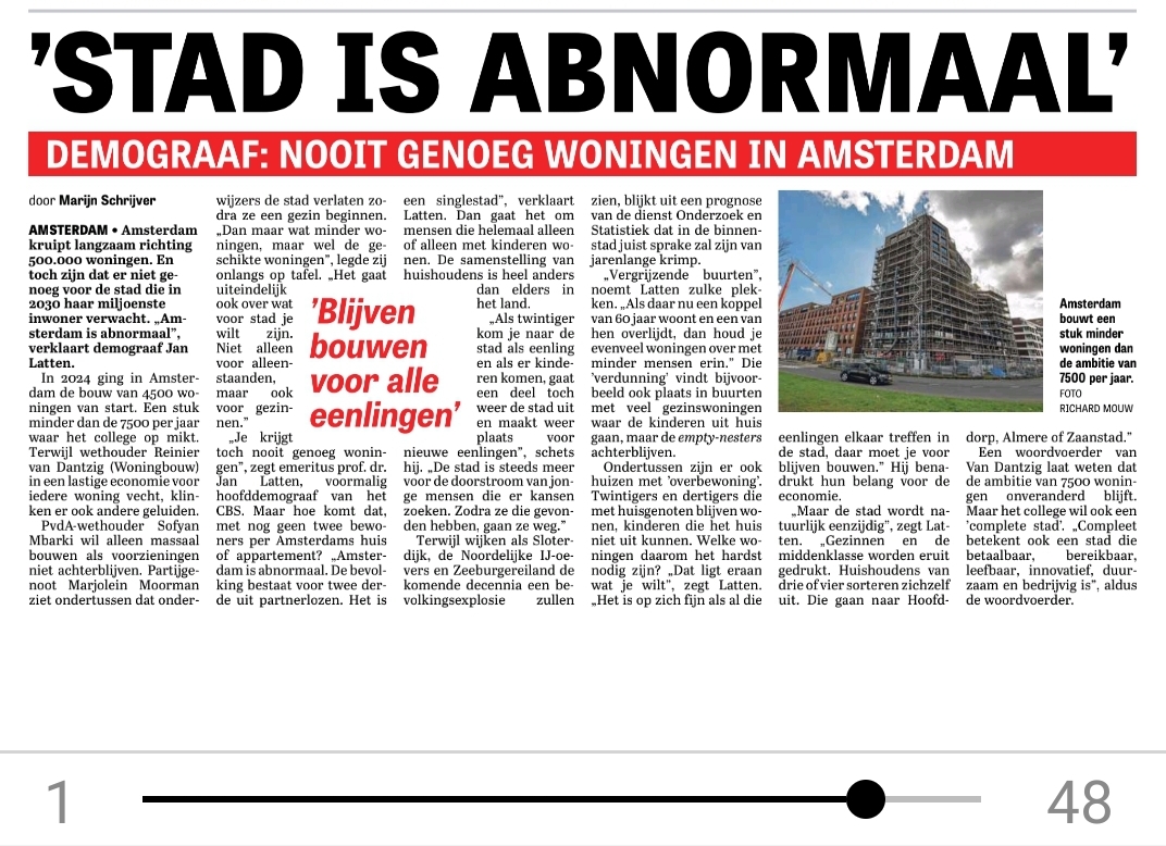 JanLatten's tweet photo. Het lot van #Amsterdam #singlecity:
alsmaar doorbouwen en toch blijft er een tekort.
Hoe meer mensen in de stad alleen achter hun voordeur #wonen, hoe meer woningen nodig zijn. In A'dam woont inmiddels achter 2 van 3 voordeuren iemand alleen of alleen met kind. #huishouden https://t.co/iJJKaXKY8P