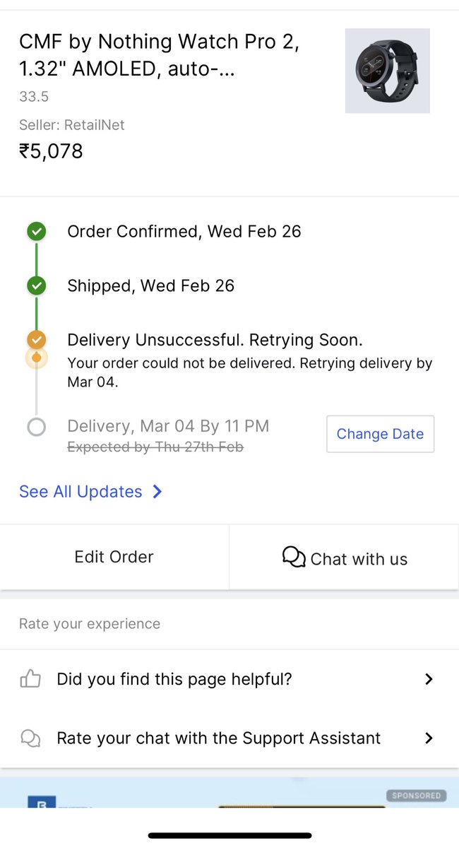 PrabhatAsthan13's tweet photo. Wanted to report a #scam going on. I ordered a product on #flipkart on 26-02-25 by paying extra delivery charges for express delivery on 27th of feb, 2025, but today i got a notification that the order will be delivered by 4th of march, delayed 3 days more than normal delivery. https://t.co/mr8l20lS0u