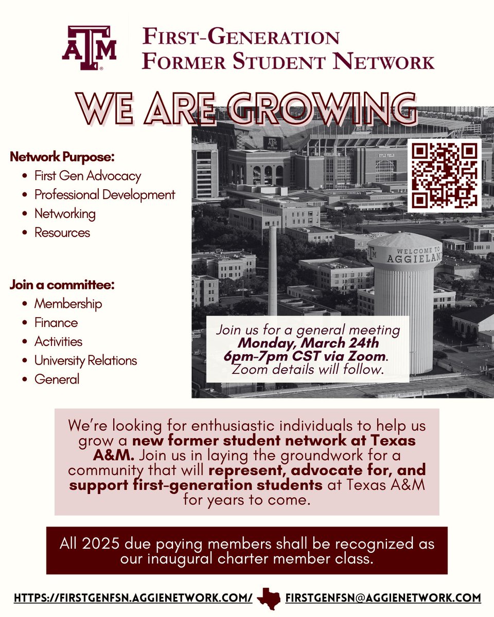 🚀 Calling all Texas A&amp;M First-Gen Alumni! 🌟
Join the First-Generation Former Student Network &amp; connect with fellow Aggie trailblazers! 💼✨

📅 Zoom Meeting: March 24 | 6-7 PM CST 🔗 Registration opening soon!
Let’s empower the next generation of Aggies! 💪 #FirstGenAggies