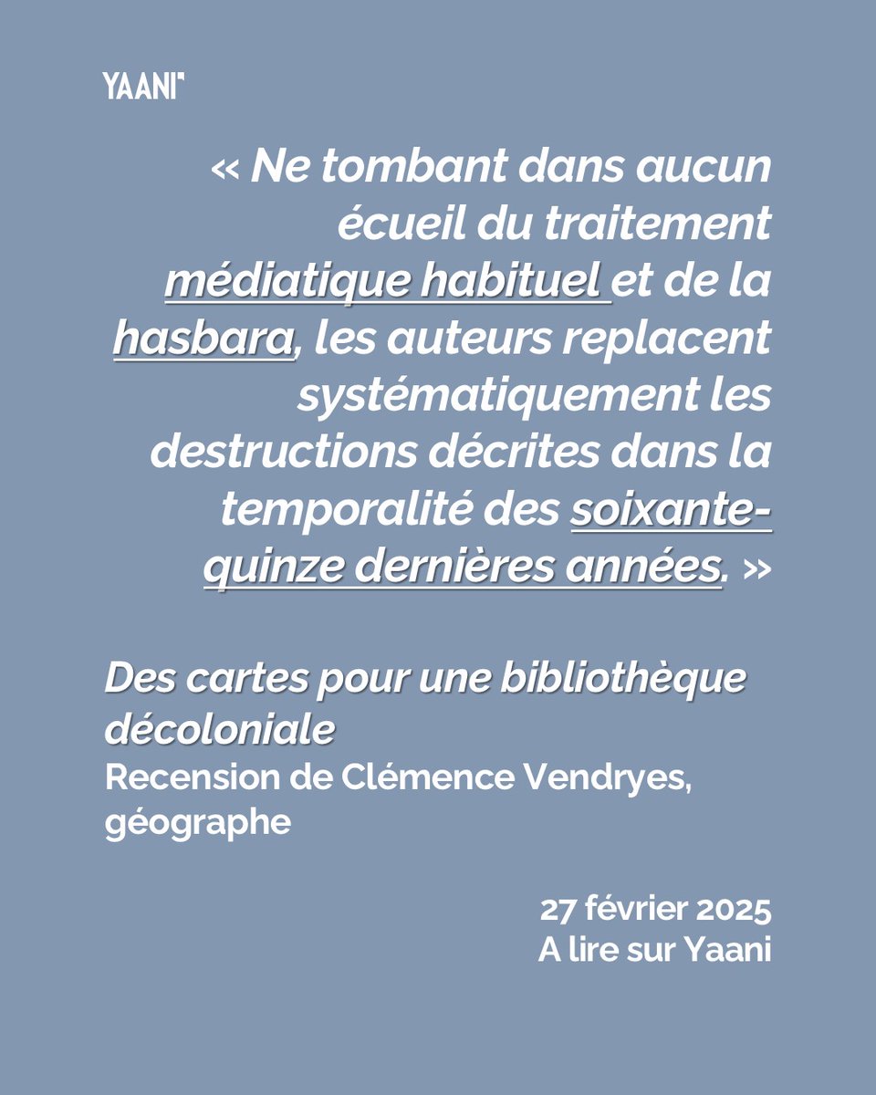 Yaani (@yaaniblog) on Twitter photo Des cartes pour une bibliothèque décoloniale
Clémence Vendryes, géographe, fait la recension du dernier ouvrage de <a href="/SephihaVidal/">Dominique Vidal</a> et P. Rekacewicz, Palestine-Israël, une histoire visuelle.
Recension à lire sur Yaani
yaani.fr/post/des-carte… Des cartes pour une bibliothèque décoloniale
Clémence Vendryes, géographe, fait la recension du dernier ouvrage de <a href="/SephihaVidal/">Dominique Vidal</a> et P. Rekacewicz, Palestine-Israël, une histoire visuelle.
Recension à lire sur Yaani
yaani.fr/post/des-carte…