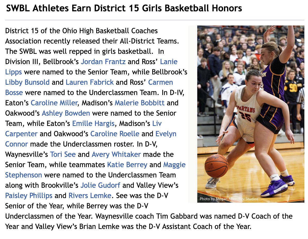 Southwestern Buckeye League (@swblsports) on Twitter photo SWBL Athletes Earn District 15 GBKB Honors swblsports.com/index.aspx <a href="/SpartansView/">Valley View Spartans Athletic Dept</a> <a href="/EatonEaglesHS/">Eaton High School</a> <a href="/MadisonMohawks/">Madison Mohawks</a> <a href="/BVILLEATHLETICS/">Brookville Athletics</a> <a href="/Carlisleathlet1/">Carlisleathletics</a> <a href="/BellbrookSchool/">Bellbrook-Sugarcreek Schools</a> <a href="/OHS_Lumberjacks/">Oakwood Athletics</a> <a href="/WVilleAD/">Spartan Athletics</a> <a href="/HornetsInGame/">Monroe Athletics</a> <a href="/TheEdgeAthletic/">TheEdge_Athletics</a> <a href="/RossRamsAD/">Justin Beck</a> <a href="/Bellbrook_Hoops/">Bellbrook Girls Basketball</a> <a href="/RossLadyRamsBB/">RamsGirlsBasketball</a> <a href="/OakwoodGBB/">Oakwood Girls Basketball</a> SWBL Athletes Earn District 15 GBKB Honors swblsports.com/index.aspx <a href="/SpartansView/">Valley View Spartans Athletic Dept</a> <a href="/EatonEaglesHS/">Eaton High School</a> <a href="/MadisonMohawks/">Madison Mohawks</a> <a href="/BVILLEATHLETICS/">Brookville Athletics</a> <a href="/Carlisleathlet1/">Carlisleathletics</a> <a href="/BellbrookSchool/">Bellbrook-Sugarcreek Schools</a> <a href="/OHS_Lumberjacks/">Oakwood Athletics</a> <a href="/WVilleAD/">Spartan Athletics</a> <a href="/HornetsInGame/">Monroe Athletics</a> <a href="/TheEdgeAthletic/">TheEdge_Athletics</a> <a href="/RossRamsAD/">Justin Beck</a> <a href="/Bellbrook_Hoops/">Bellbrook Girls Basketball</a> <a href="/RossLadyRamsBB/">RamsGirlsBasketball</a> <a href="/OakwoodGBB/">Oakwood Girls Basketball</a>