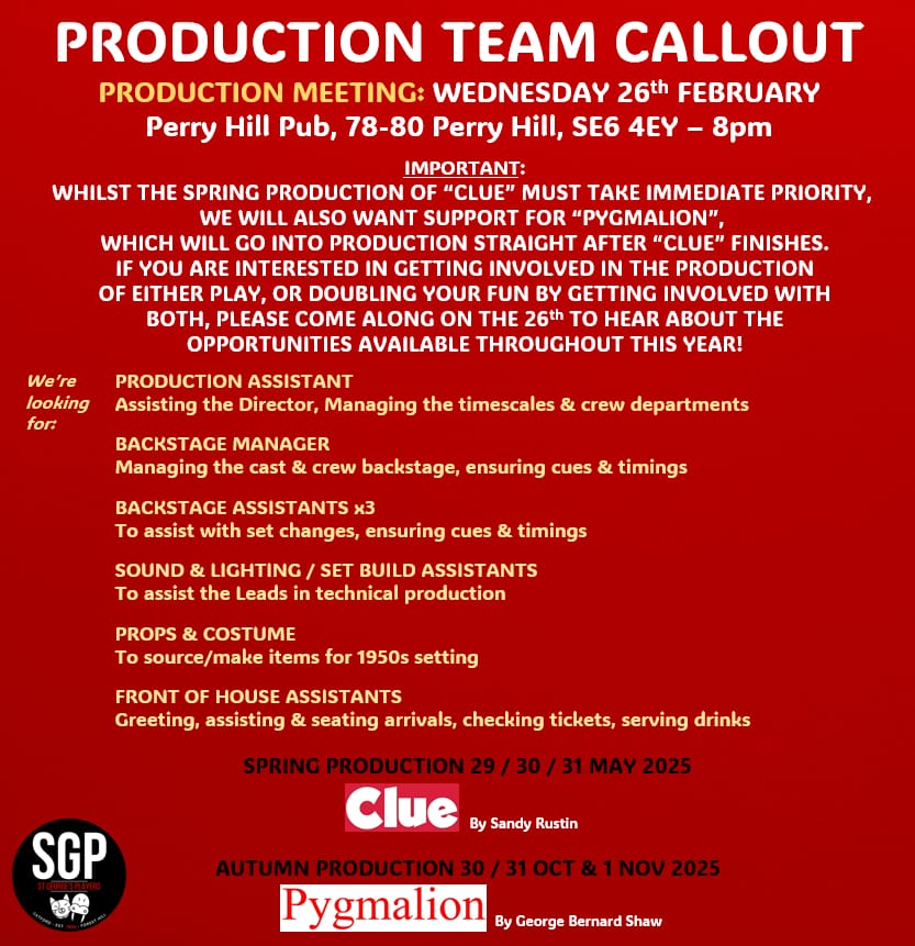 The fantastic local <a href="/StGsPlayers/">St George's Players</a> had a meeting about production crew this week for the next show 'Clue' but more people are needed! Please contact them via their X tag if you can help or know anyone. 🙏