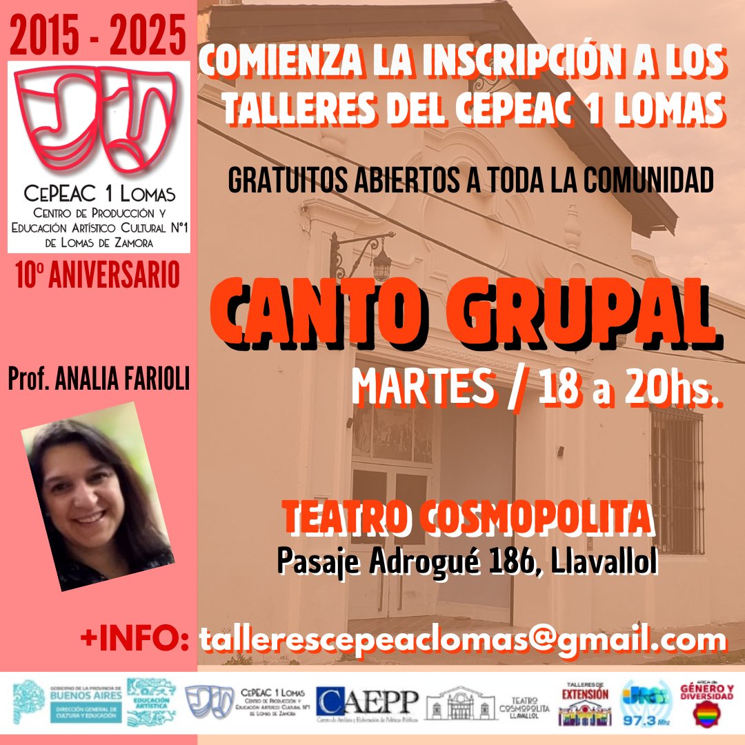 Cepeac1Lomas's tweet photo. Los MARTES, CANTO GRUPAL
De 18 a 20hs.
TEATRO COSMOPOLITA, Pasaje Adrogué 186, Llavallol.
Prof. ANALÍA FARIOLI
Gratuitos abiertos a la Comunidad.
+INFO tallerescepeaclomas@gmail.com https://t.co/ct0DkcRgkT