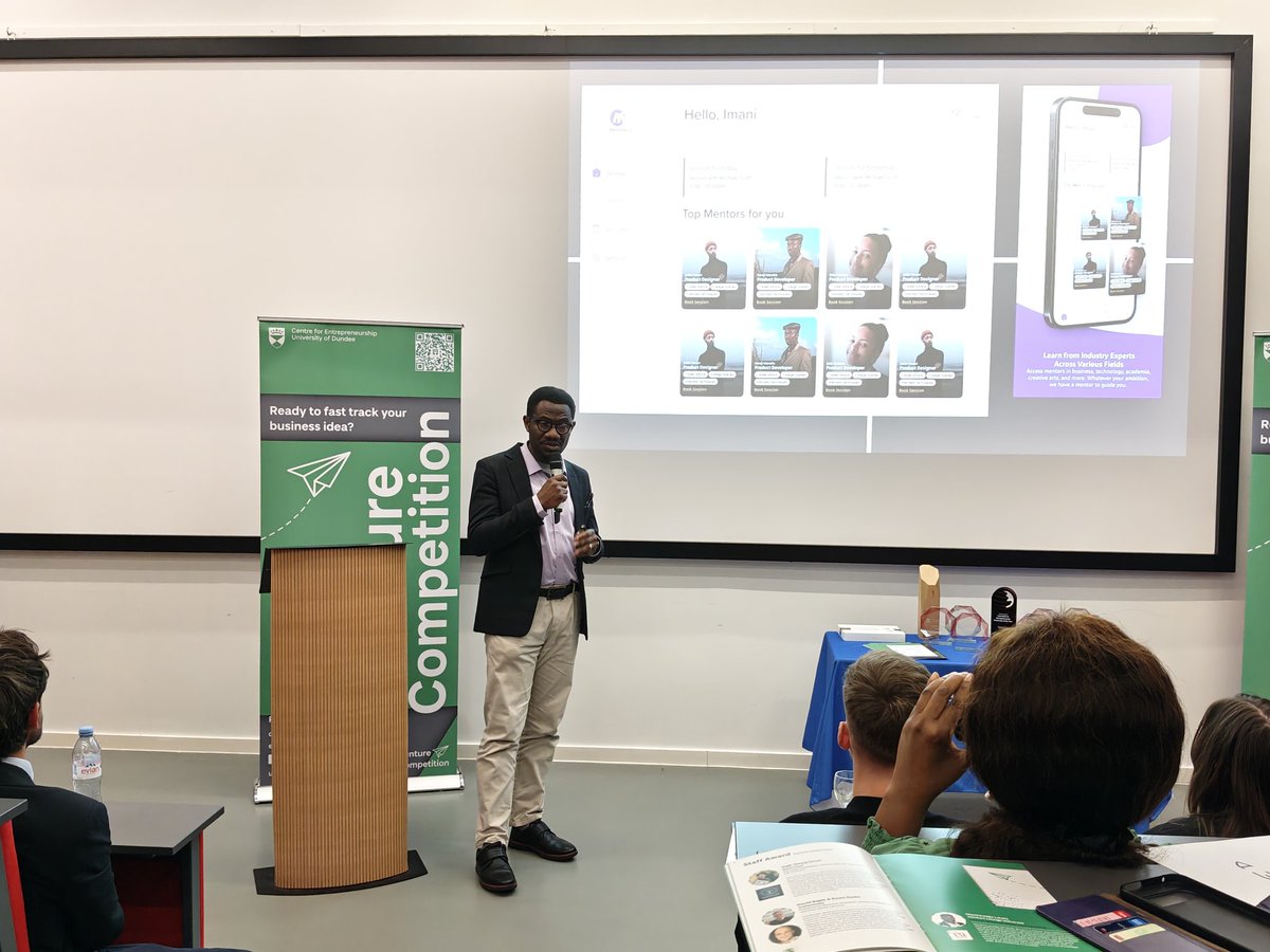 Olanrewaju Lewis, with Mentors Lounge University - MLU is a premier subscription-based SaaS platform that connects Africans and individuals from underrepresented backgrounds with experienced mentors and experts. 

Last pitch of the night!
#UoDEntWeek25 #VentureFinal25