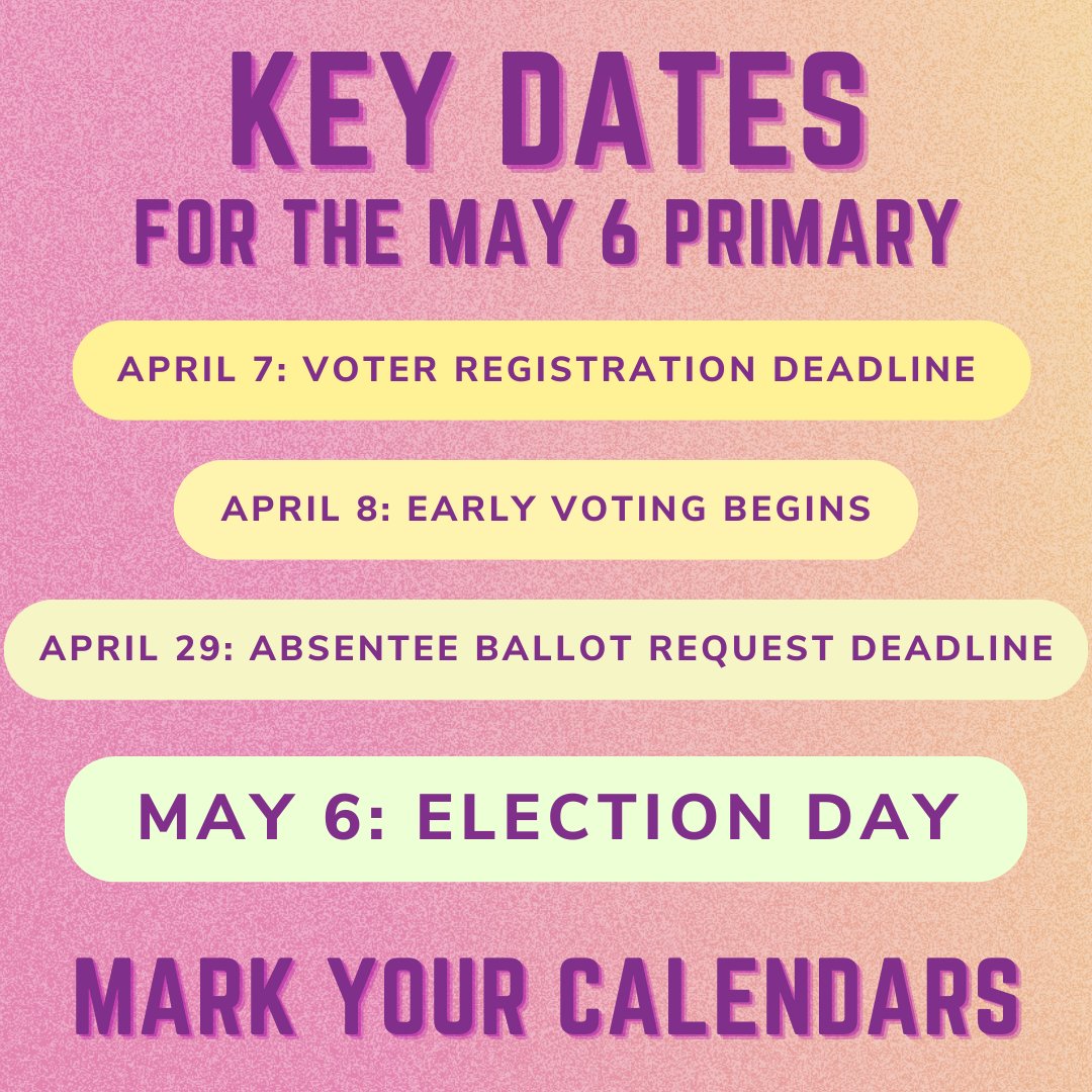 Ohio: our 2025 primary election is on May 6th! Mark your calendars with these key dates and start making your plan to vote!

⭐️ April 7: Voter registration deadline
⭐️ April 8: Early voting begins
⭐️ April 29: Absentee ballot request deadline
⭐️ May 6: Election Day!