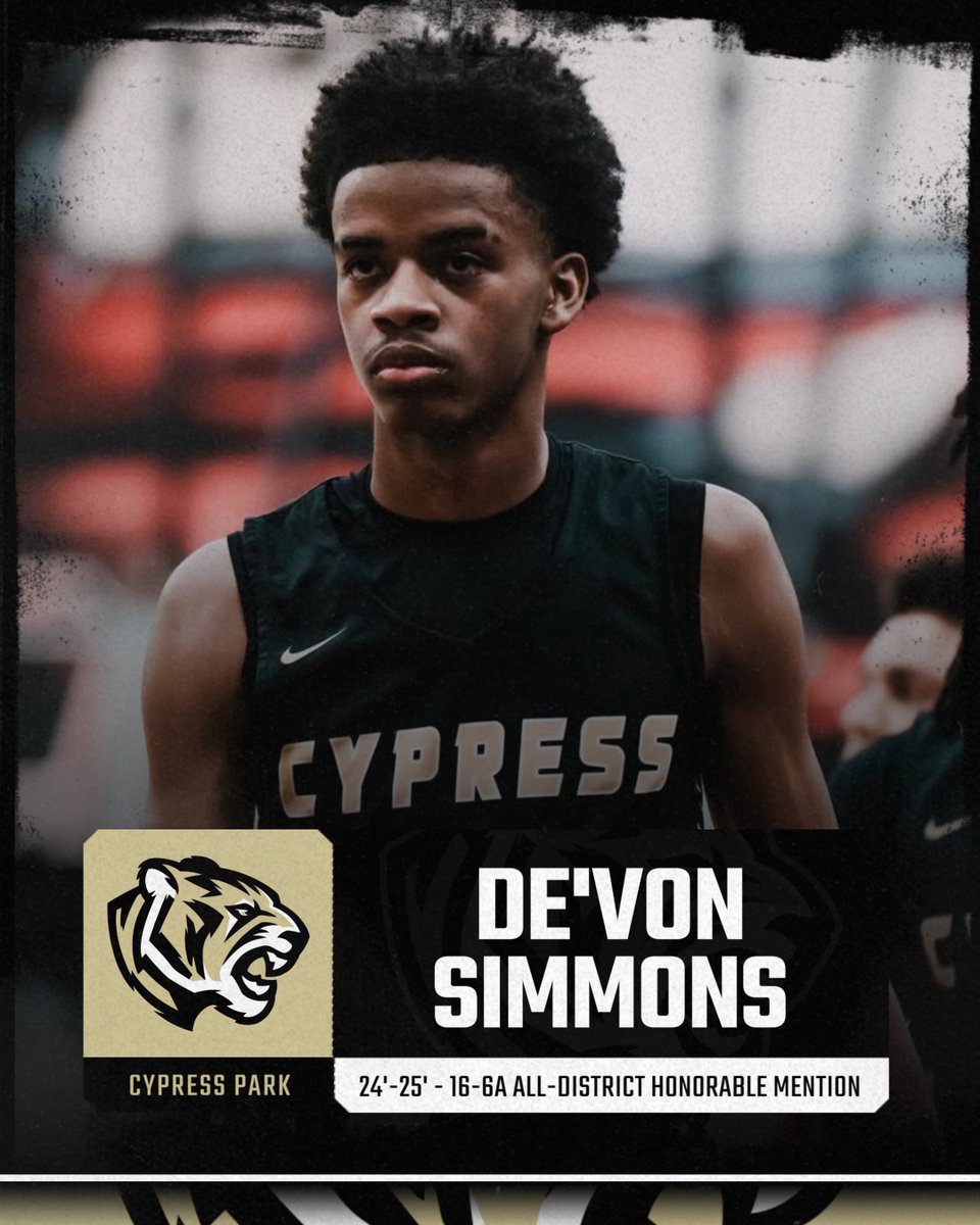 Congrats to <a href="/DeVonSimmons02/">De'Von “Deuce” Simmons</a> for earning 16-6A All-District Honorable Mention <a href="/CypressParkHS/">Cypress Park HS</a> <a href="/CyParkAthletics/">Cy Park Athletics</a> <a href="/CyParkABC2016/">CyPark ABC</a> <a href="/CFISDAthletics/">CFISDAthletics</a>