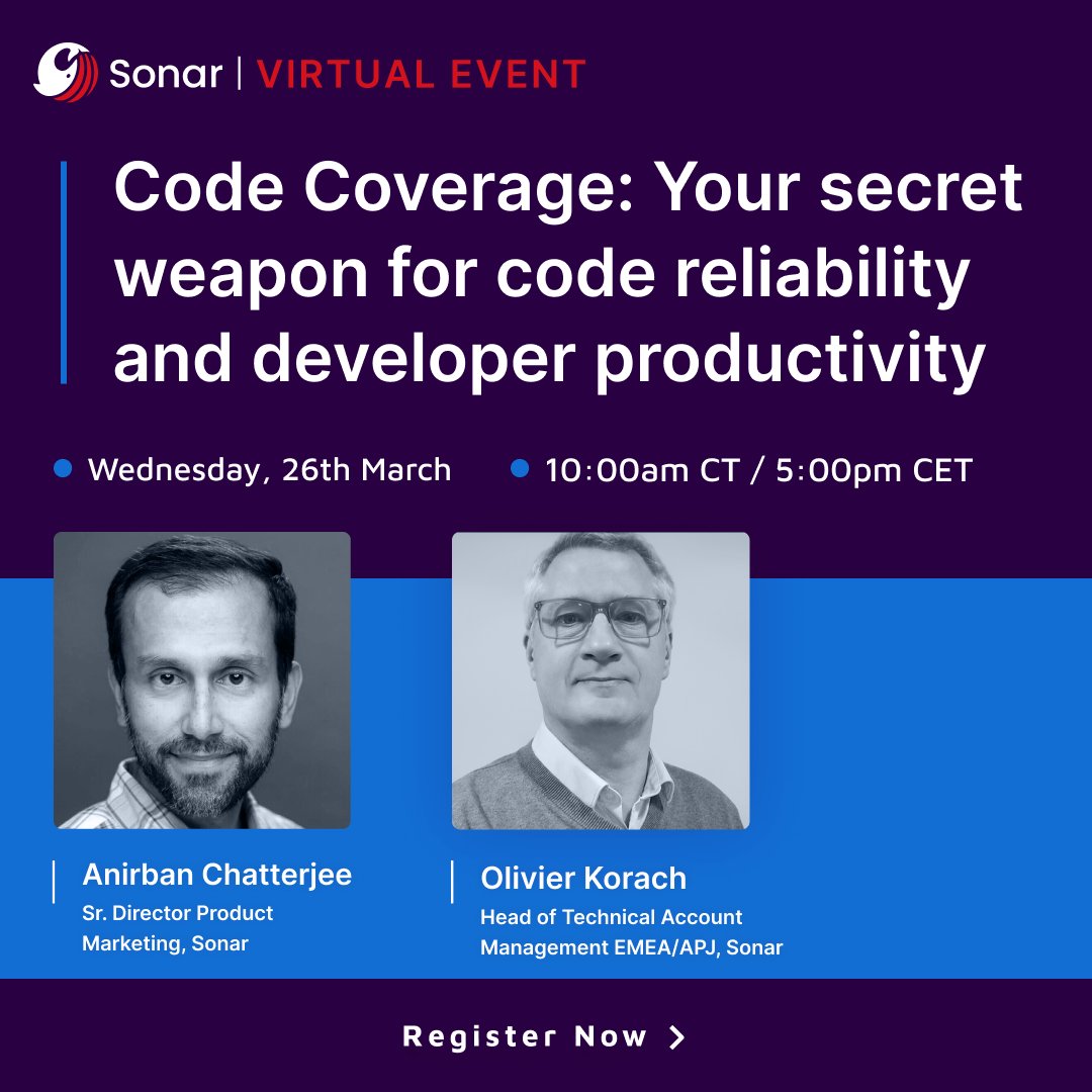 SonarSource's tweet image. Give your code reliability and developer productivity a boost! Join our webinar on March 26th to learn concrete strategies to make coverage metrics work for your team.
Register today: bit.ly/437FMeS
#codequality #codesecurity #codecoverage #developers
