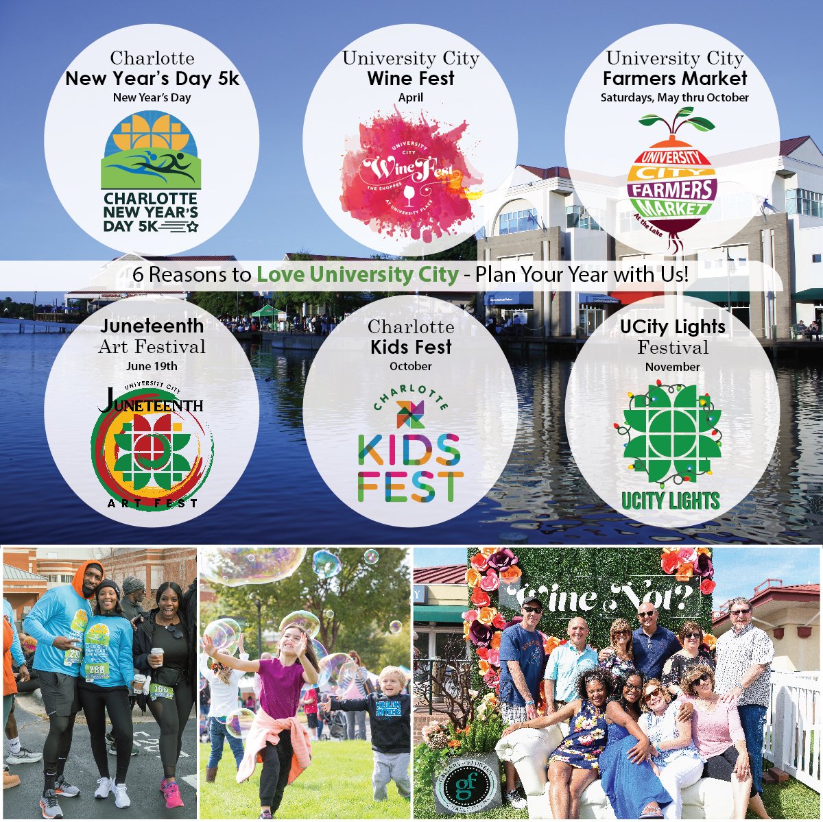 From New Year's Day to holiday lights, University City has something for everyone all year long! Discover 6 festivals that make UCity the place to be in Charlotte. Join us for running, wine tasting, fresh local produce, cultural celebrations, family fun, and festive lights!