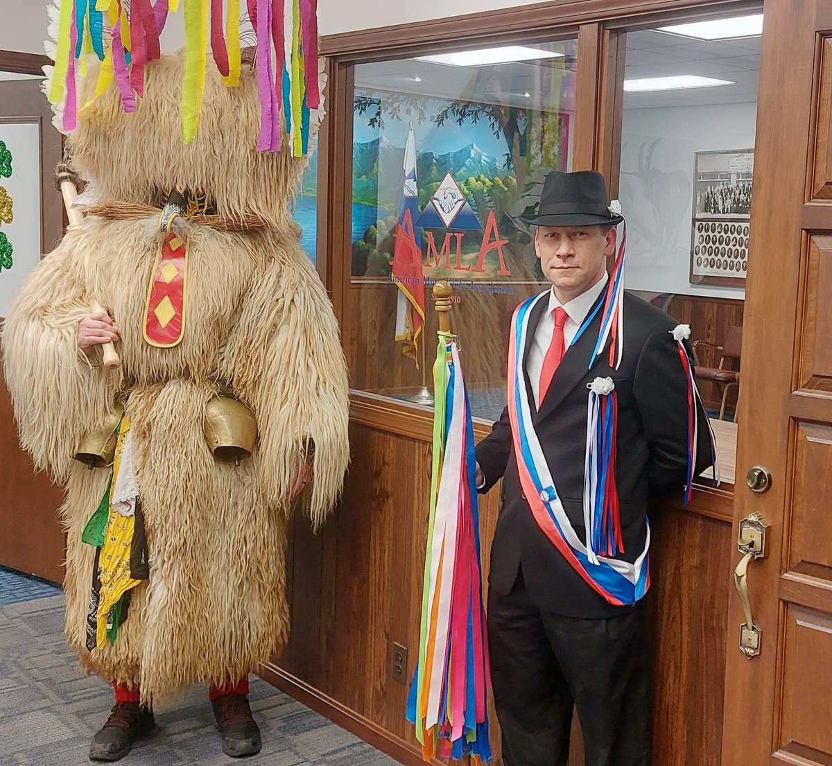 AMLA_SDZ's tweet photo. Thank you to the Kurent and the Spearman for stopping by the Inter-Galactic Headquarters of the AMLA! It was great to show them around! We are excited to enjoy the Cleveland Kurentovanje Festival on Saturday, March 1!!! Join us!!!!  #ClevelandKurentovanje #AMLA4LIfe https://t.co/SBnuptIwp9