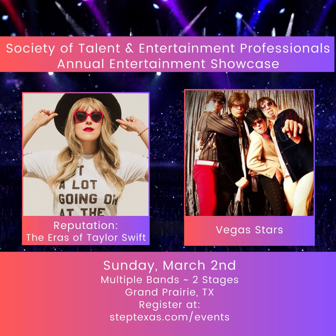 STEPROCKS's tweet image. MORE BANDS ANNOUNCED for the 2025 STEP Showcase!
Vegas Stars – High-energy dance/rock/rap/pop hits from the ‘70s-today! 
Reputation: The Eras of Taylor Swift – All the Swiftie anthems you love!
More bands still to come! Showcase is March 2—register now: steptexas.com/events